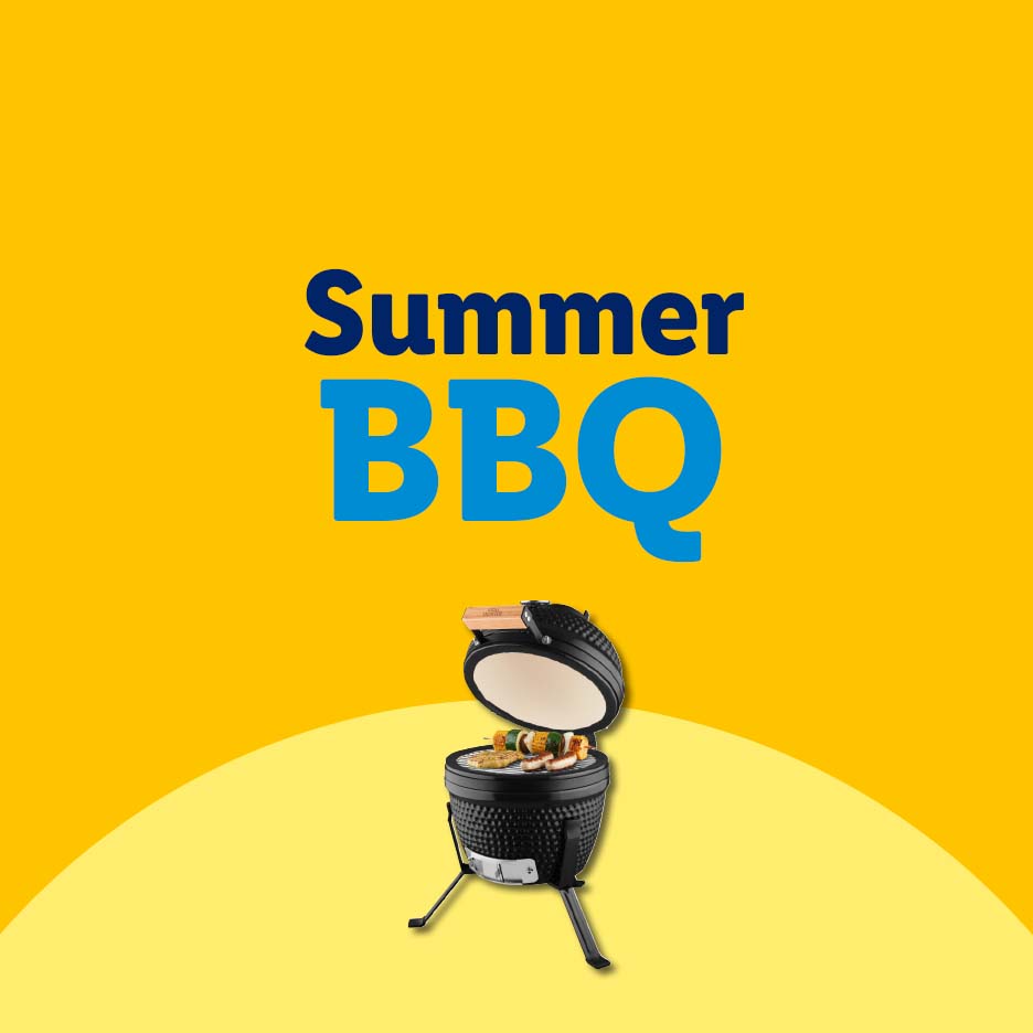 Black ceramic barbecue grill with food on a yellow background with 'Summer BBQ' text.