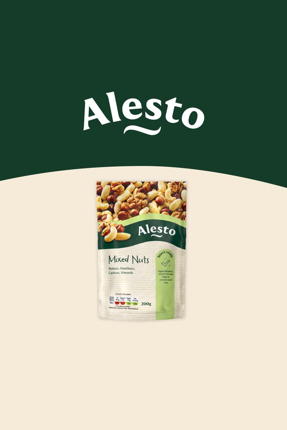 A bag of mixed nuts, including walnuts, hazelnuts, cashews, and almonds, with a green and beige background.