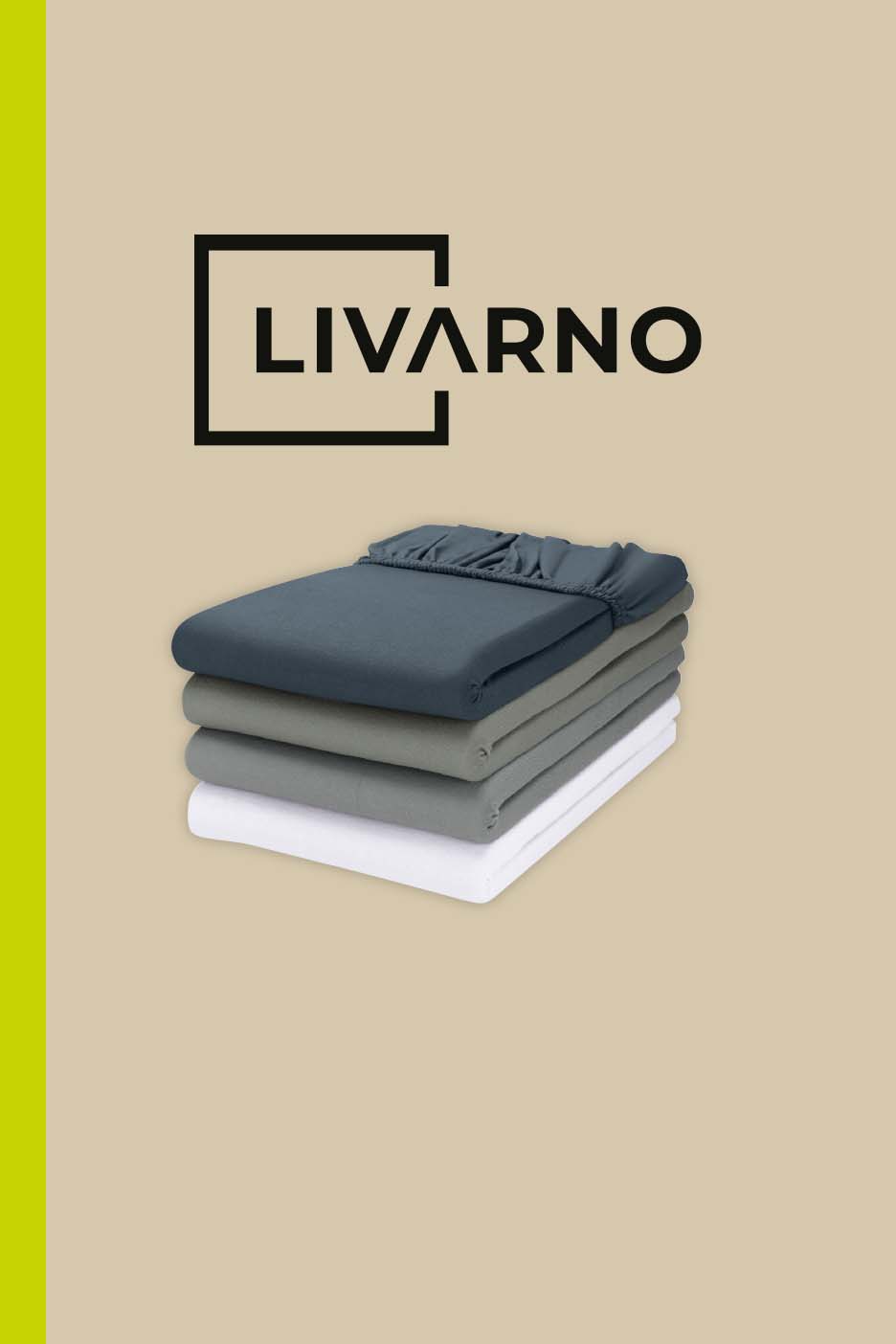 Stack of three fitted sheets in dark blue, grey, and white, with a green stripe on the left.