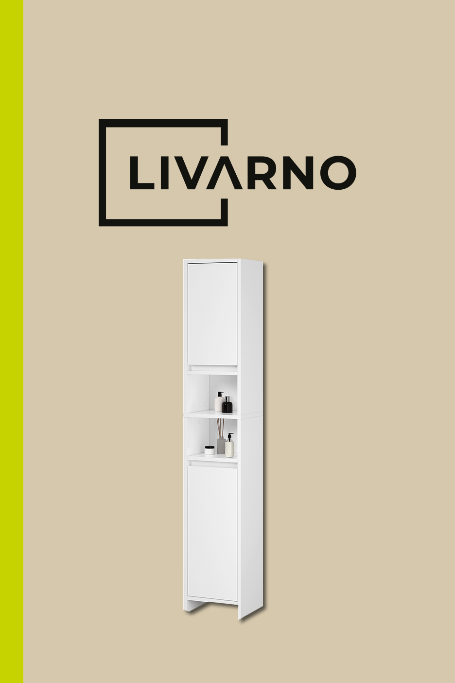 Tall white bathroom cabinet with open shelves and closed compartments, displaying toiletries.
