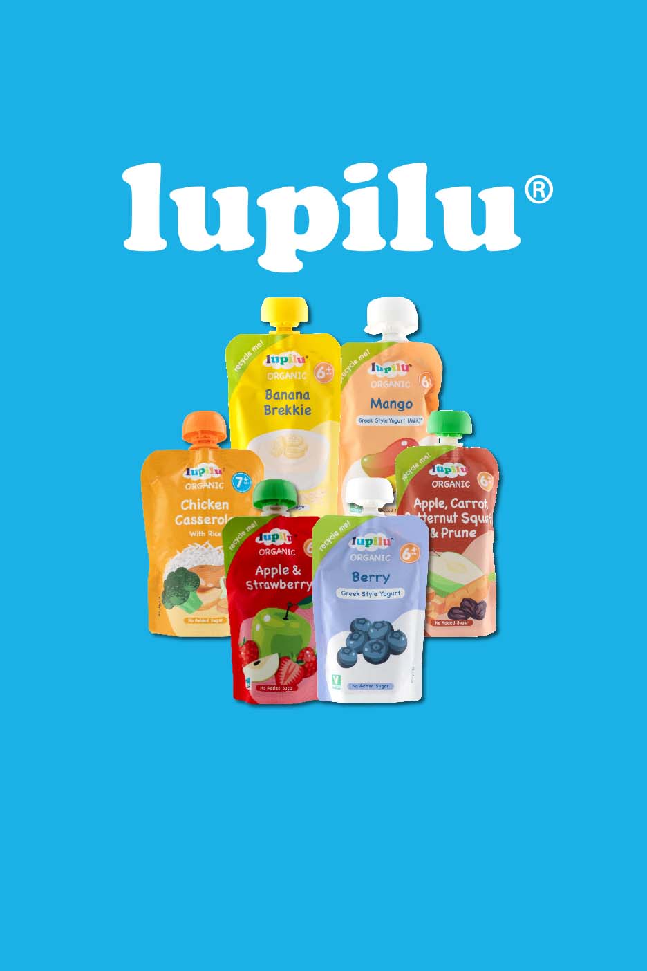 Organic baby food pouches including banana, mango, chicken casserole, apple, strawberry, berry, and prune.