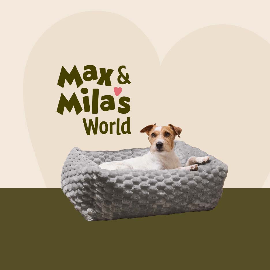 A small dog resting in a grey plush pet bed under the text Max & Mila's World.
