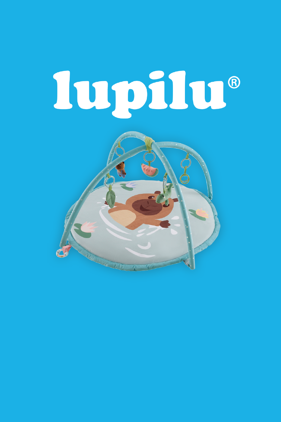 Baby play mat with arches and hanging toys, featuring a swimming beaver design.