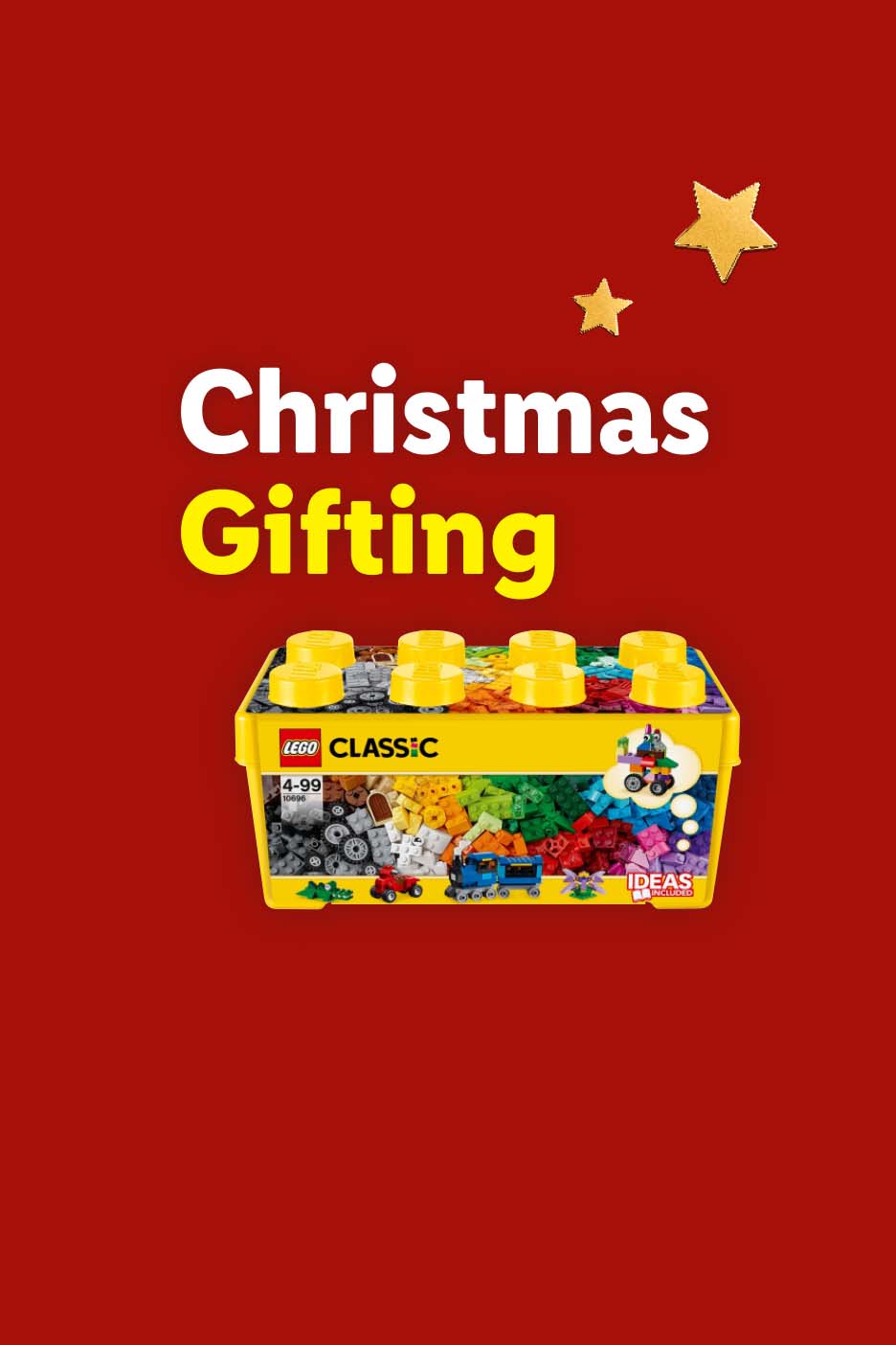 A toy brick box on a red background with Christmas Gifting text and gold stars.