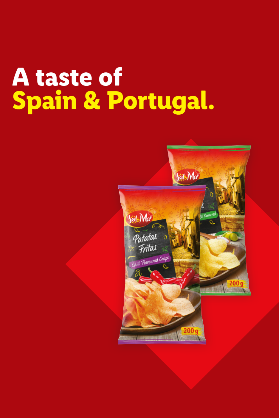 Two bags of chilli-flavoured crisps on a red background with text 'A taste of Spain & Portugal.'