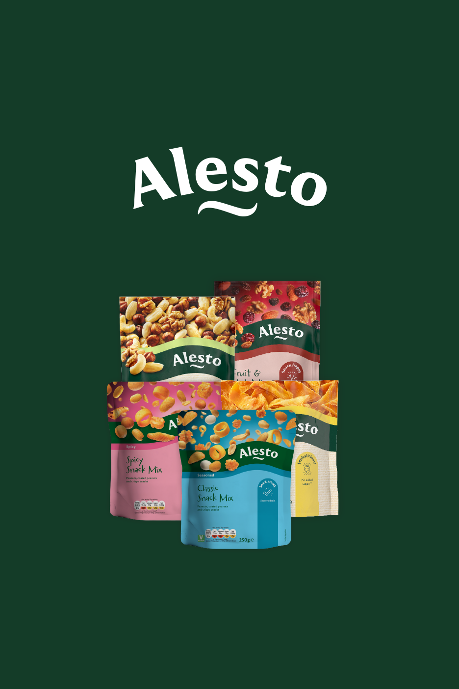 Assortment of snack mixes including spicy, classic, fruit & nut, and dried mango.