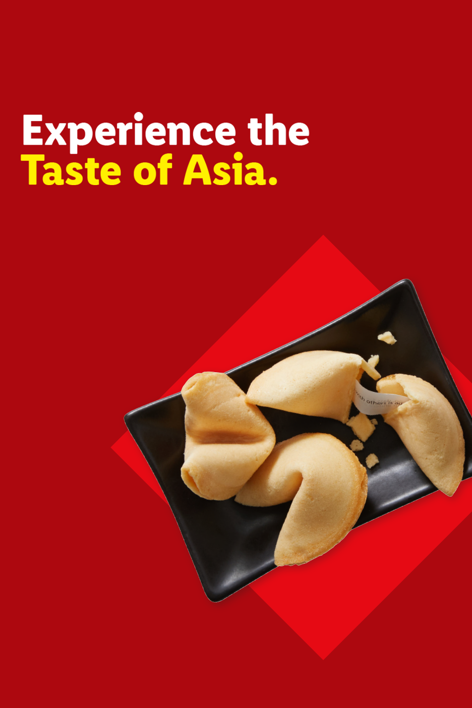 Fortune cookies on a black plate with text: 'Experience the Taste of Asia.'