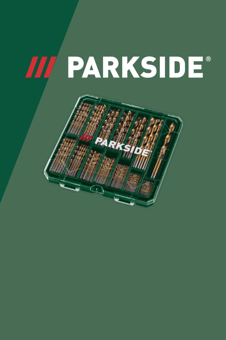 Drill bit set in a green case, with a green and dark green background.