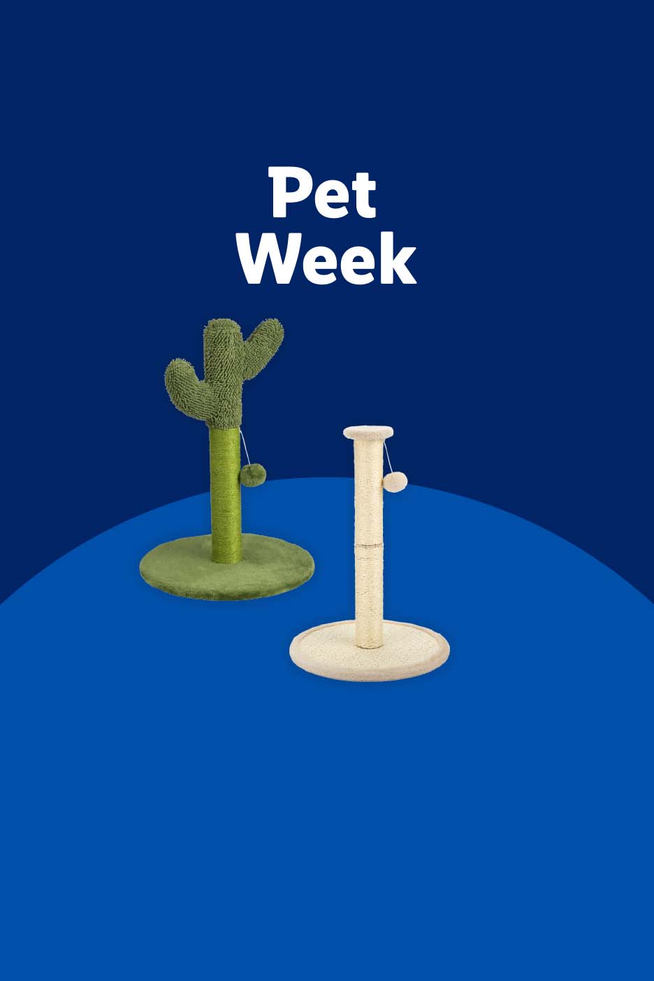 Pet Week: Two cat scratching posts, one shaped like a cactus, on a blue background.