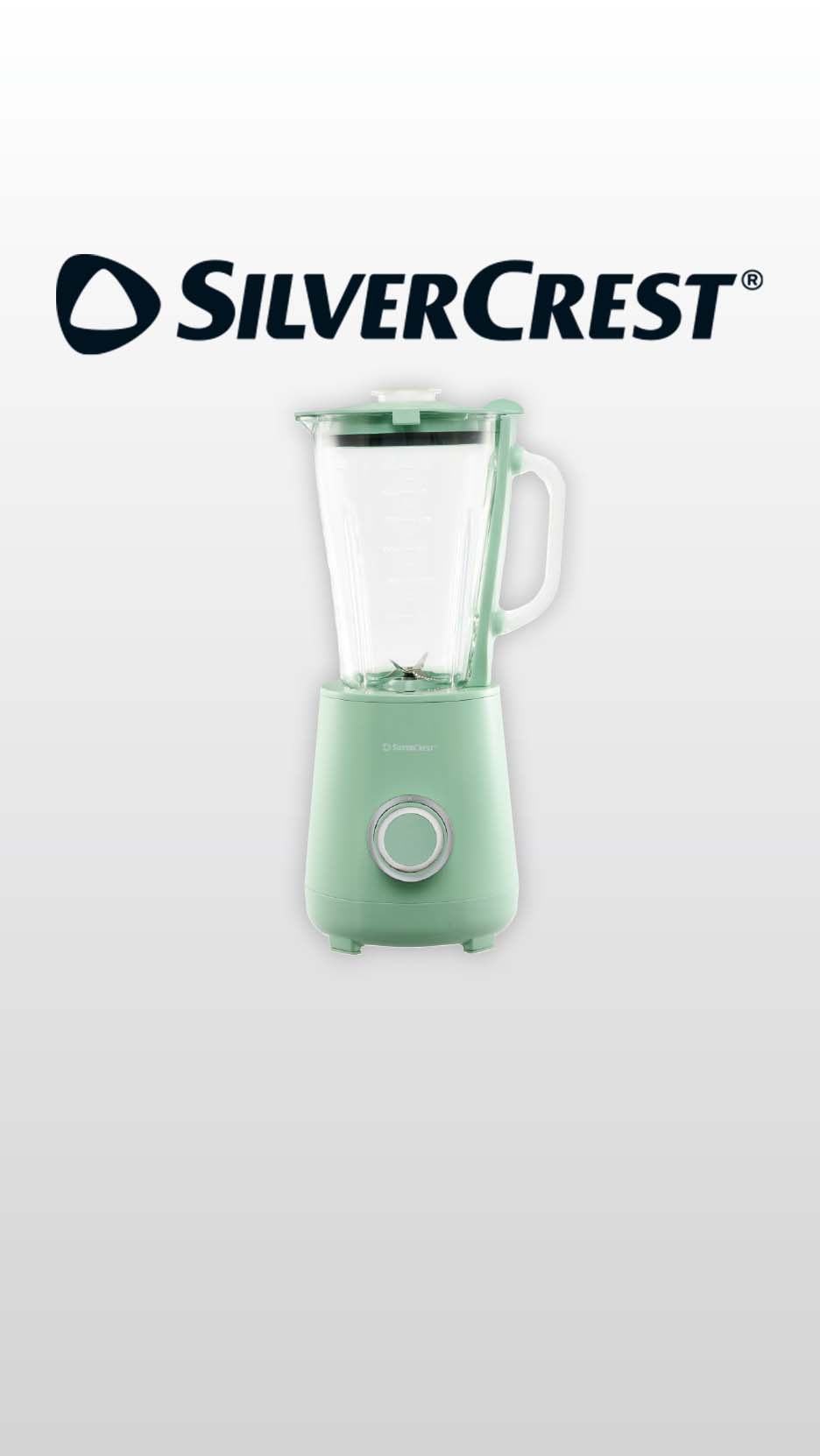 Mint green blender with a glass jug and a control dial, set against a light background.