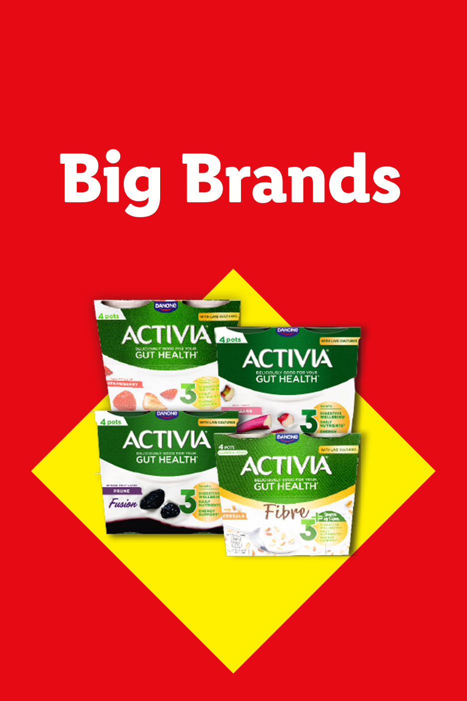 Big Brands text above a selection of yogurt pots, including strawberry, prune, and fibre varieties.