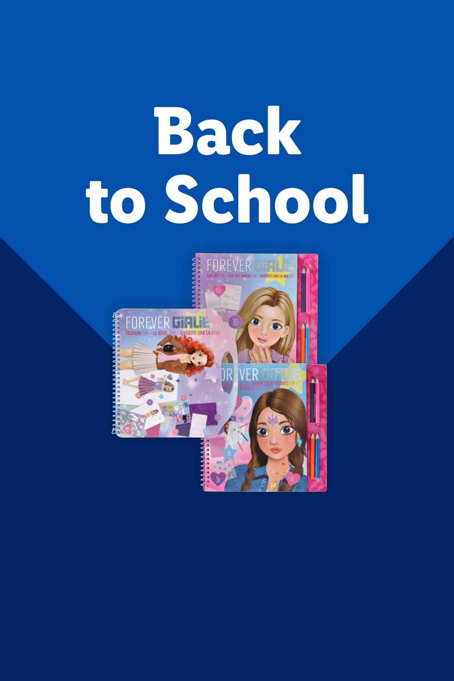 Back to School: Two spiral-bound fashion design books with pencils, featuring cartoon girls.