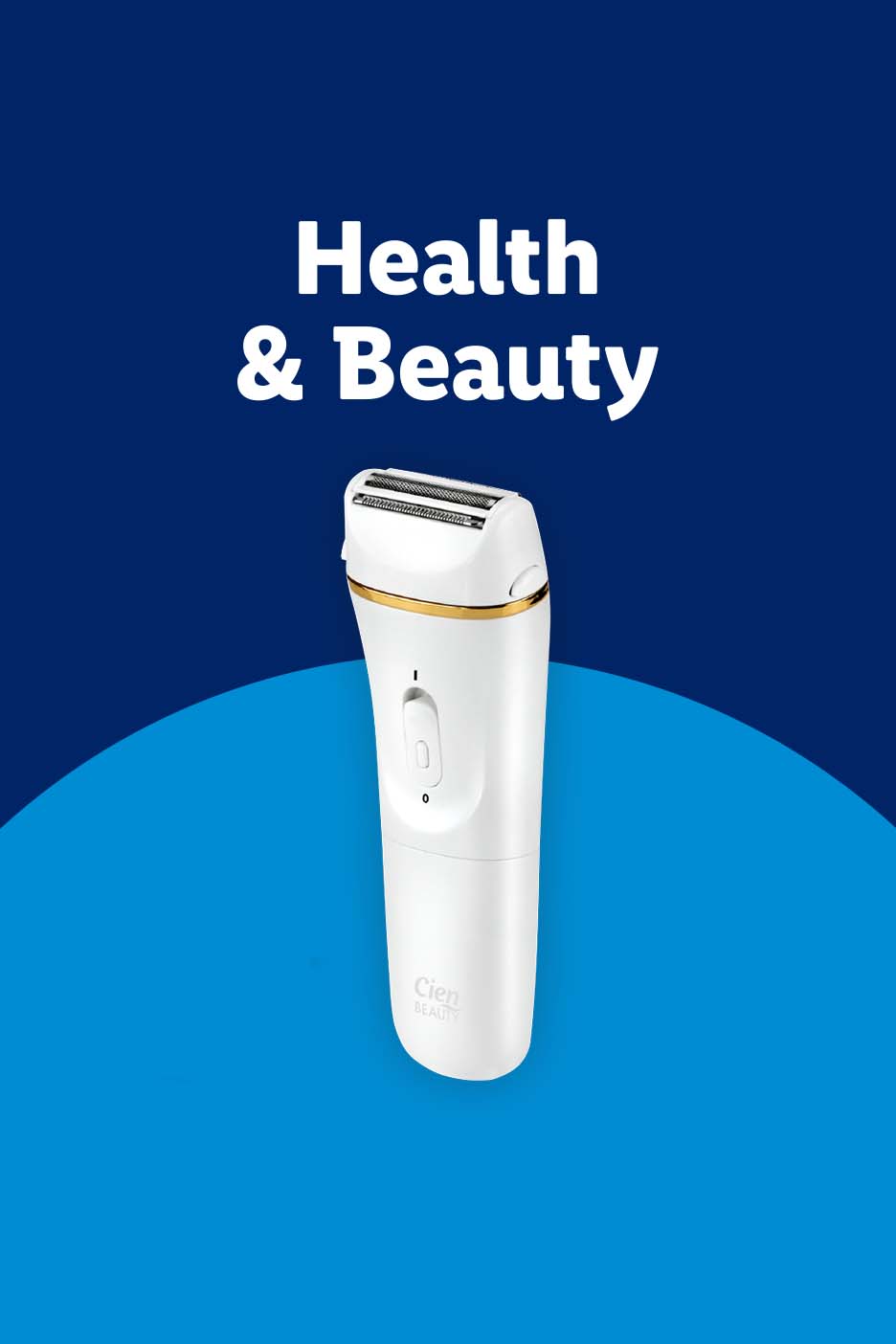 White electric shaver with gold trim on a blue background with 'Health & Beauty' text.