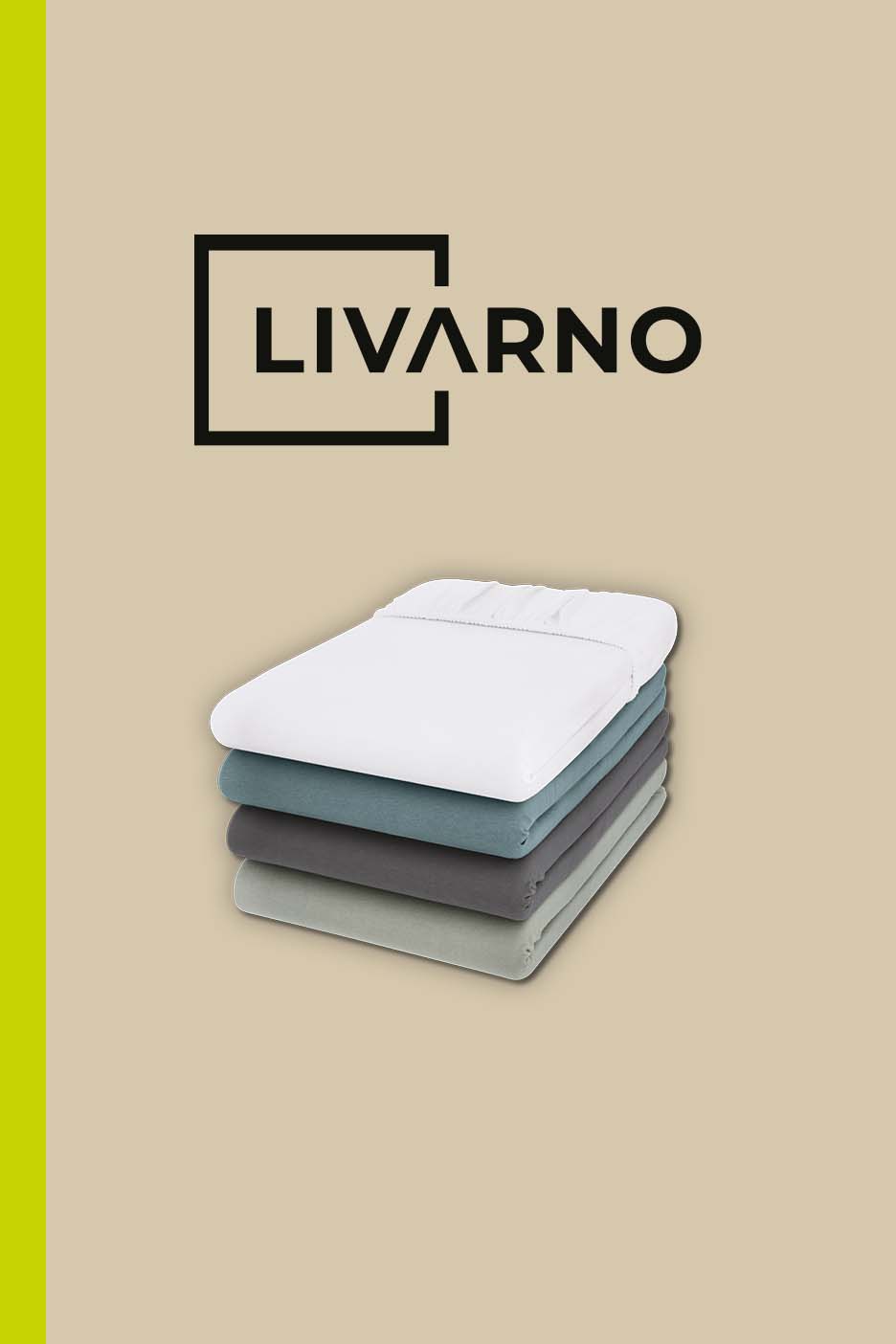 Stack of four fitted sheets in white, blue, dark grey, and light grey.