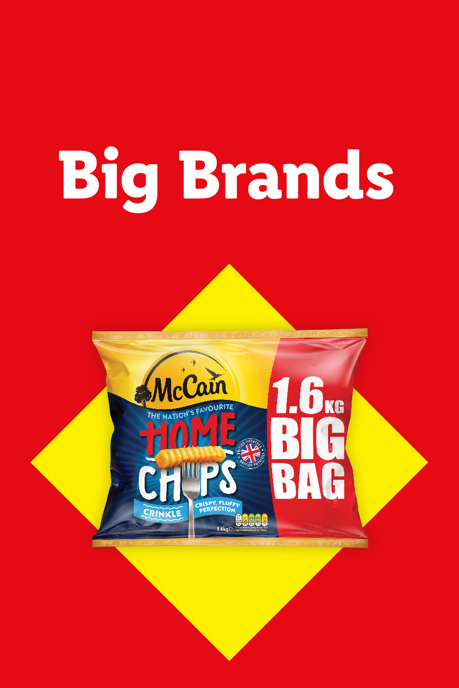 A bag of crinkle-cut chips on a yellow diamond, with 'Big Brands' text above.