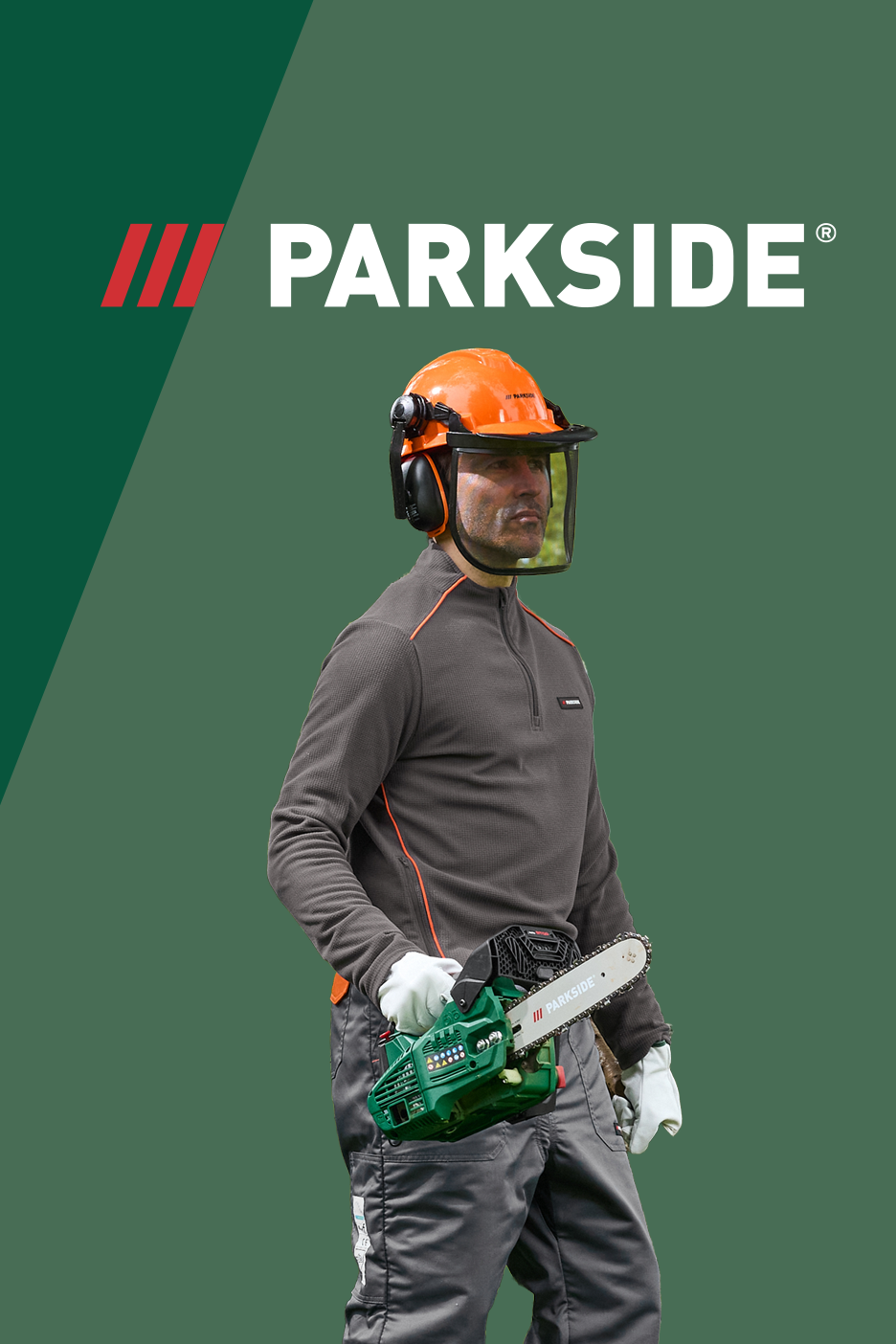 Man in safety gear holding a chainsaw, with a green and dark green background.