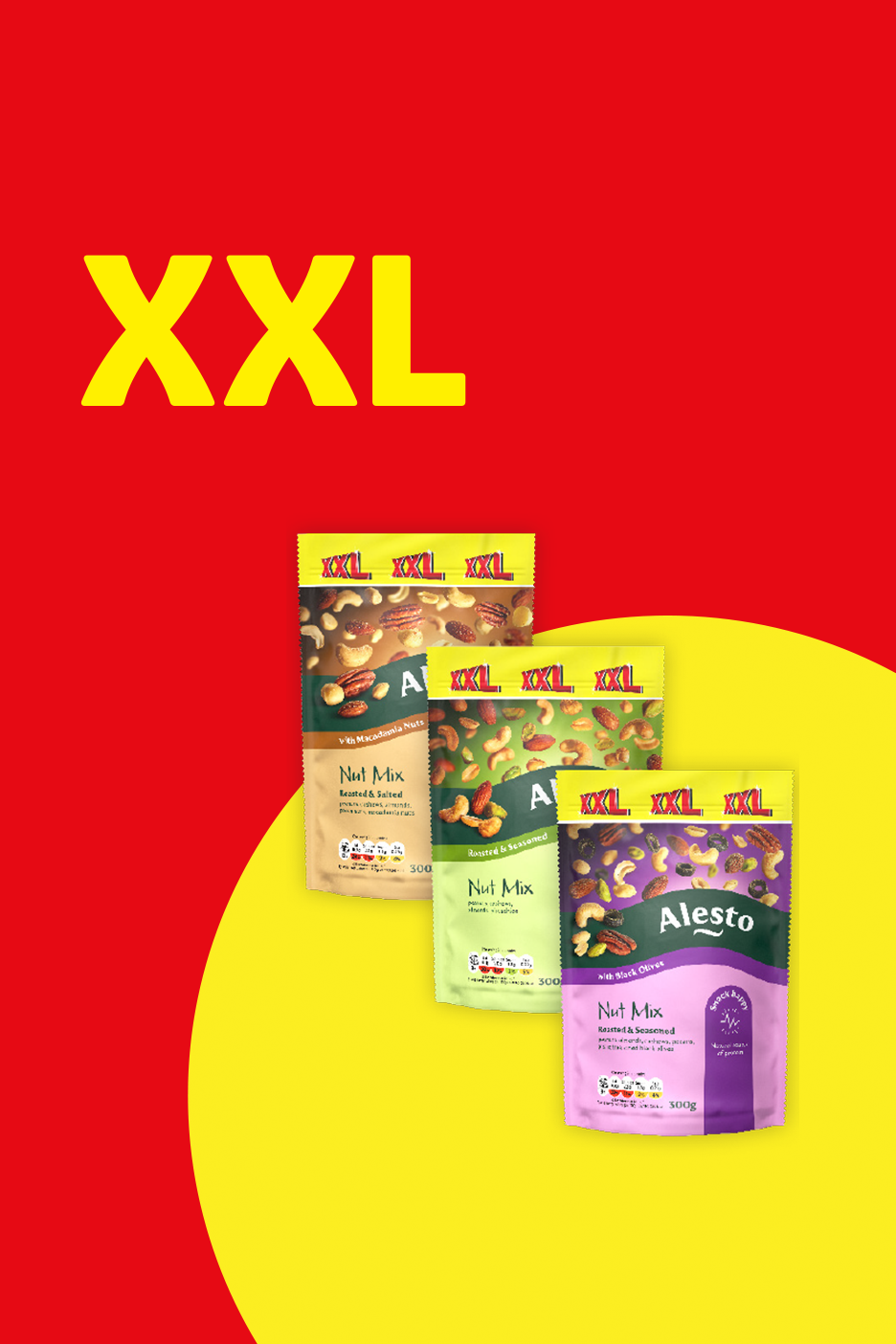 Three large bags of roasted and seasoned nut mix, with a prominent 'XXL' text.