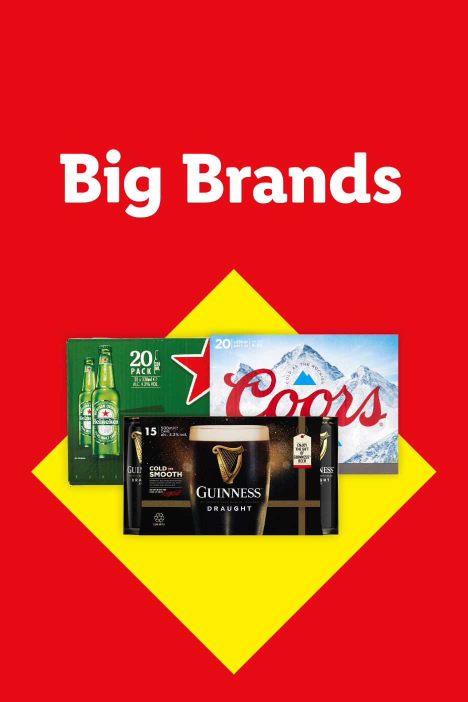Big Brands promotional graphic featuring packaging of Heineken, Coors, and Guinness Draught beers on a red and yellow background.