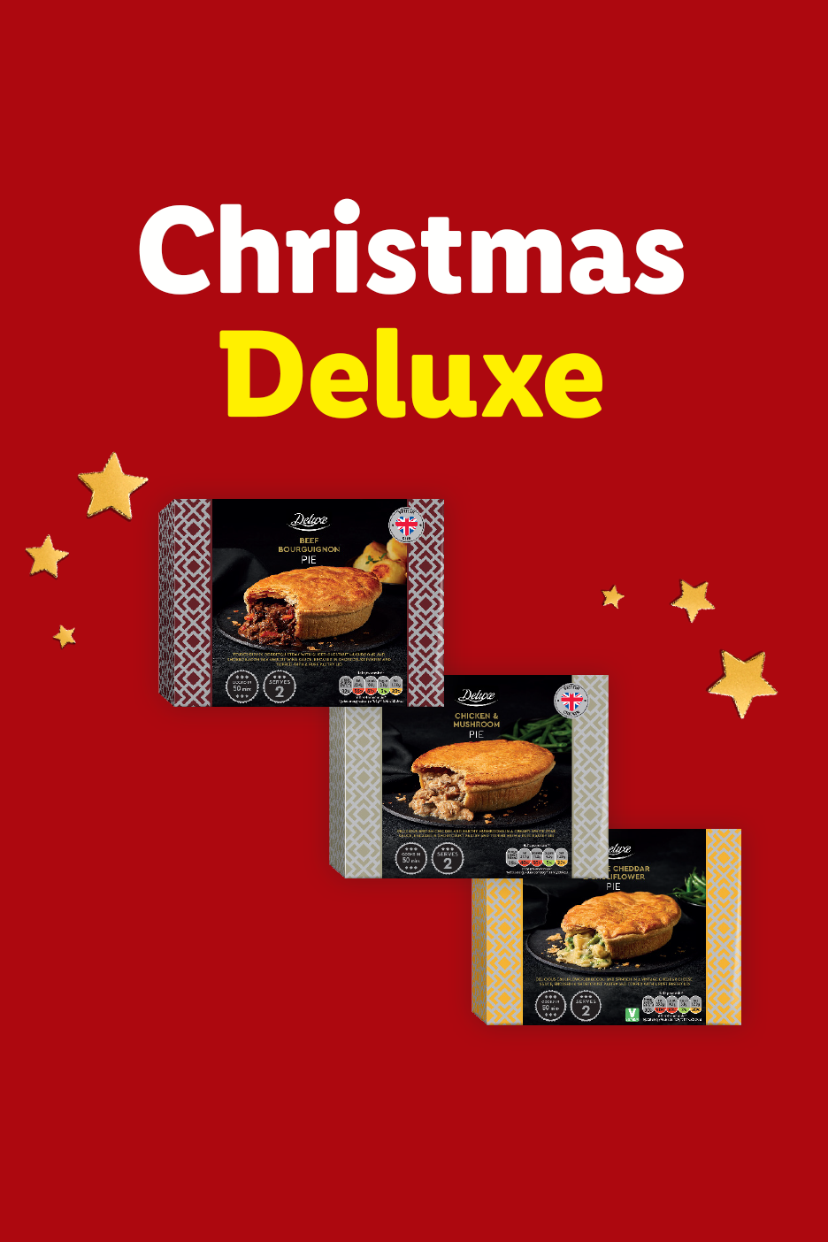 Christmas Deluxe promotional graphic featuring three Deluxe pies: Beef Bourguignon Pie, Chicken & Mushroom Pie, and Cheddar & Cauliflower Pie, each serving 2 and cooking in 50 minutes.