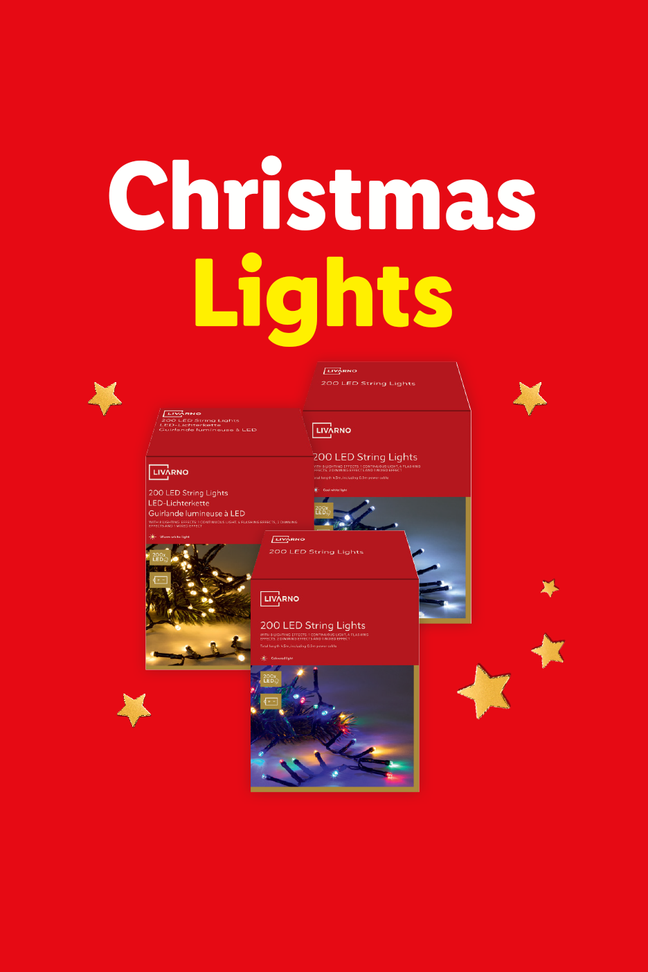 Livarno Home 200 LED String Lights in warm white, cool white, and colored variants with packaging, on a red background with the text Christmas Lights