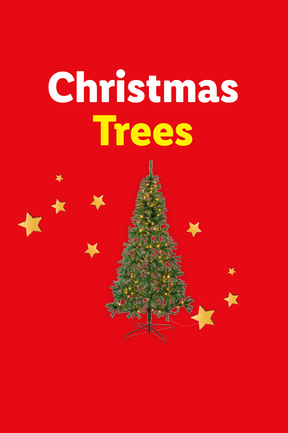 Red banner with the text 'Christmas Trees' featuring an artificial Christmas tree with lights and gold stars.