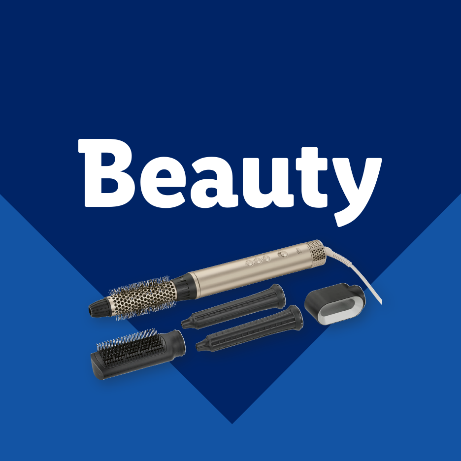 Beauty category with a hot air styler, brush attachments, and a nail dryer.