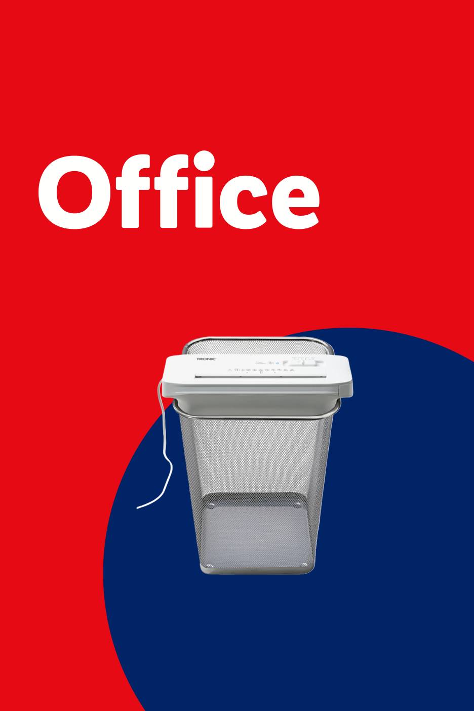 Office paper shredder on a mesh waste bin, with the word 'Office' in white text.