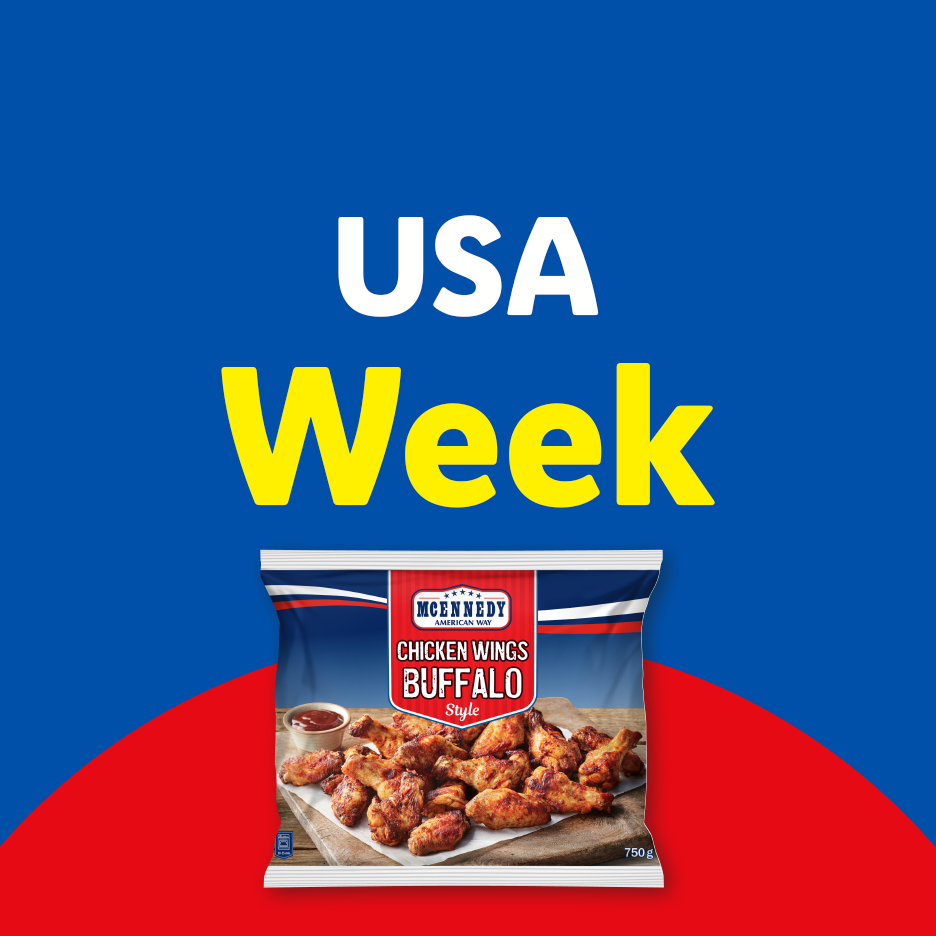 USA Week promotion with a bag of buffalo chicken wings on a blue and red background.