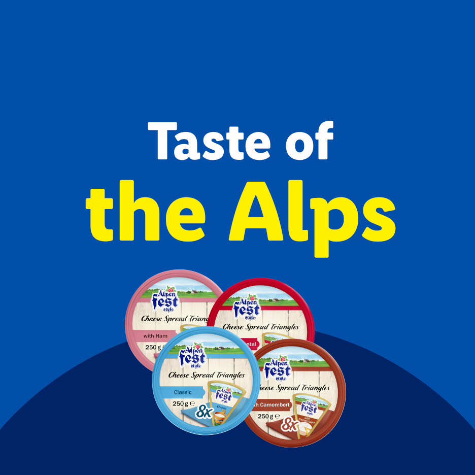 Four tubs of cheese spread triangles in various flavors, with the text 'Taste of the Alps'.