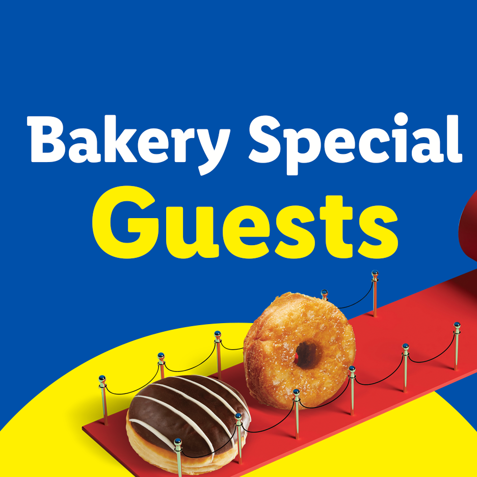 Two donuts on a red carpet with text 'Bakery Special Guests'.