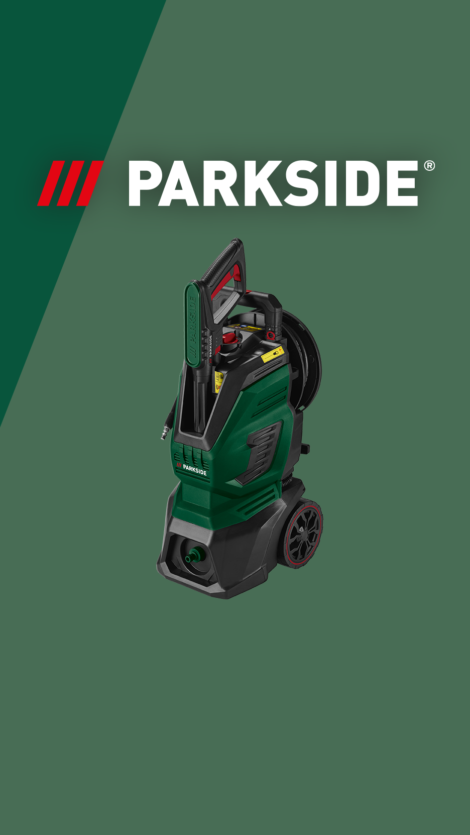 Green and black pressure washer with a hose and wheels, on a green background.