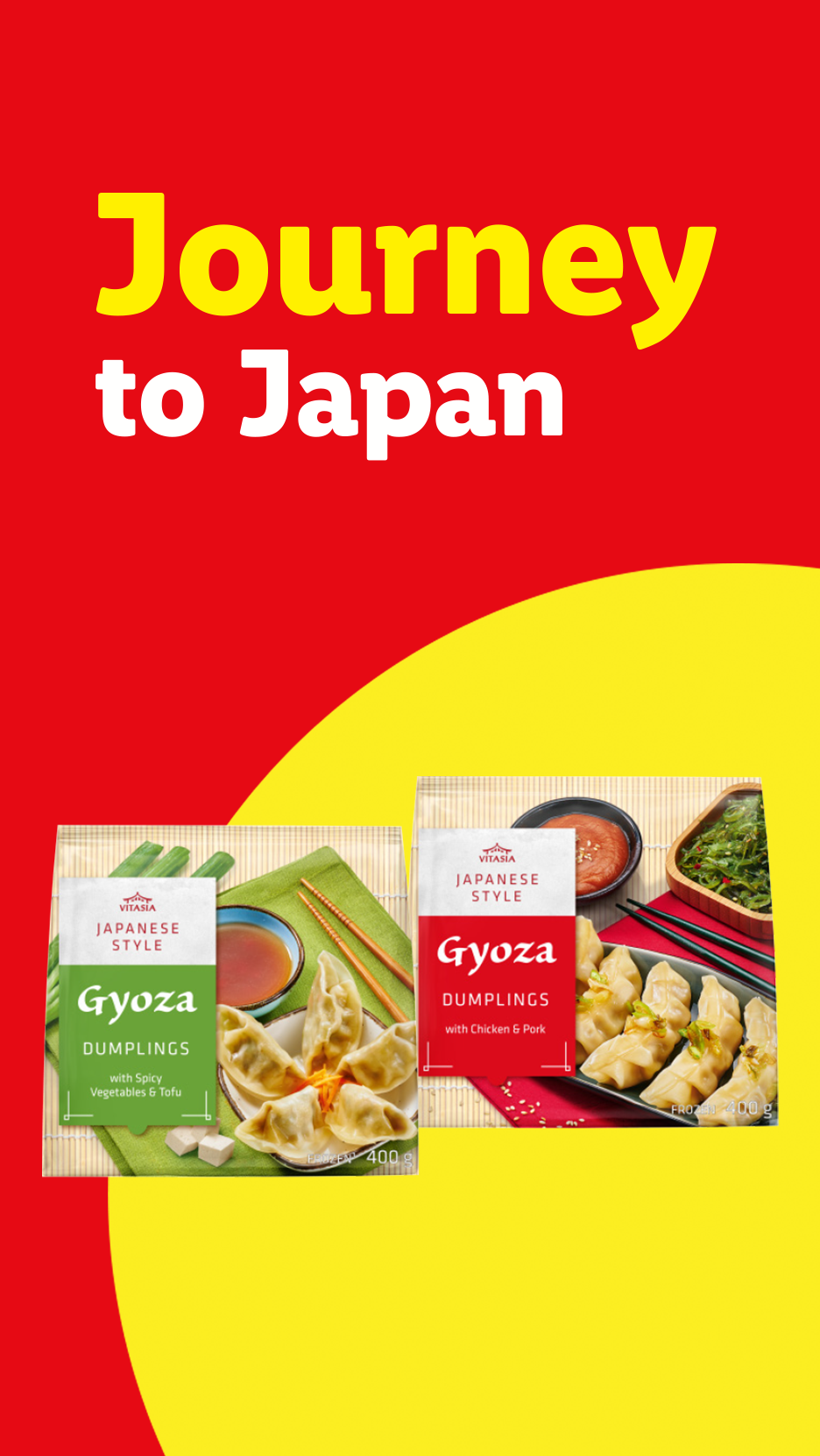 Gyoza dumplings with vegetables & tofu and chicken & pork, with text 'Journey to Japan'