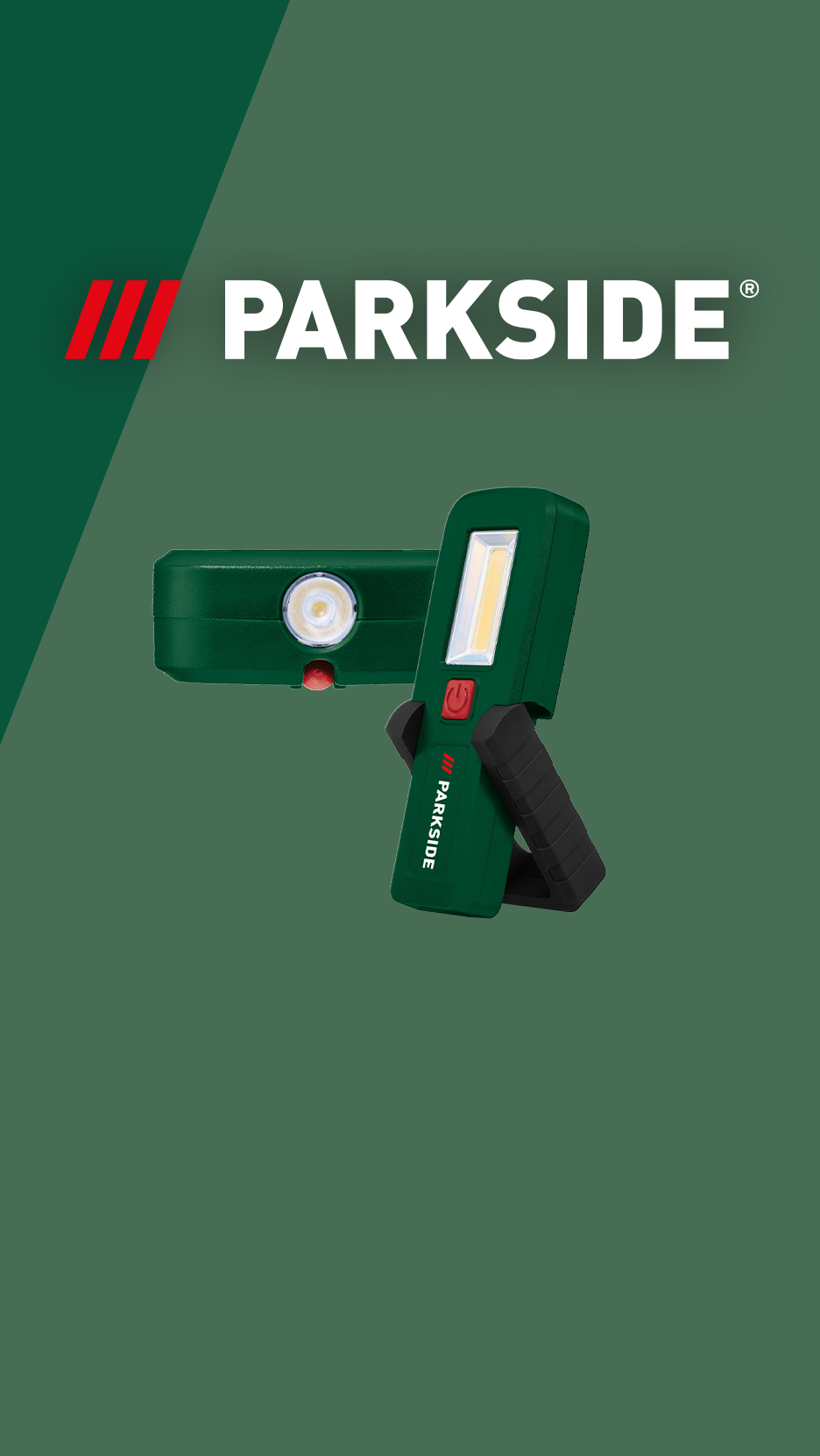 Two green work lights, one with a spotlight and one with a strip light, on a green background.