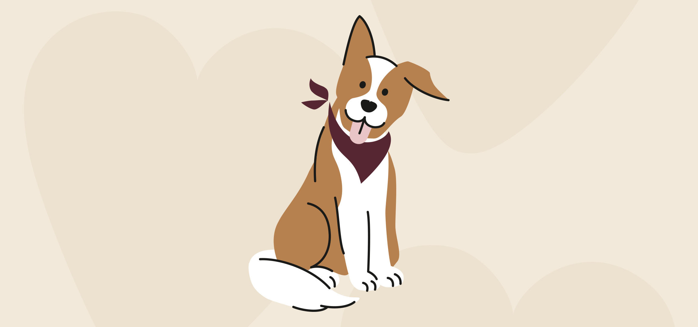 Happy cartoon dog with red bandana sitting on a light beige background.