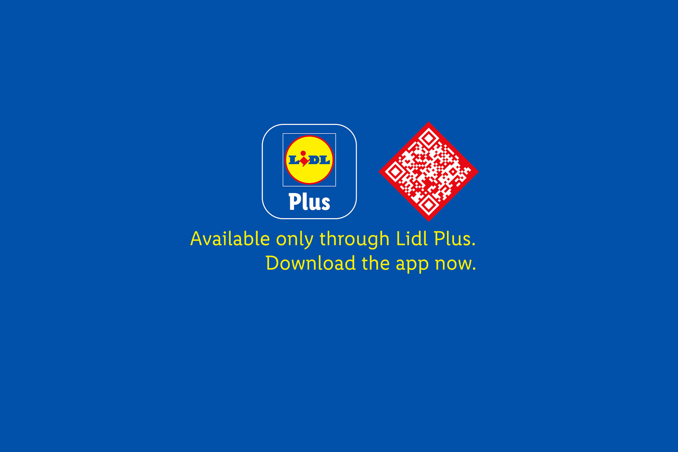 Blue background with a QR code and text inviting to download the discount app.