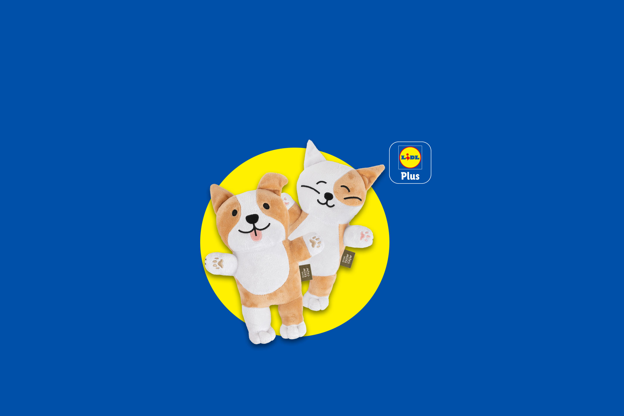 Two plush dog toys, one brown and white, the other white and brown, on a yellow circle with a blue background.