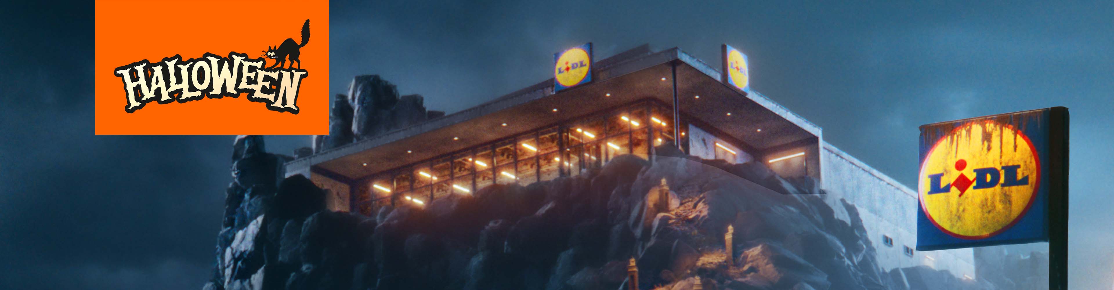 Lidl store with a Halloween logo in the top left corner