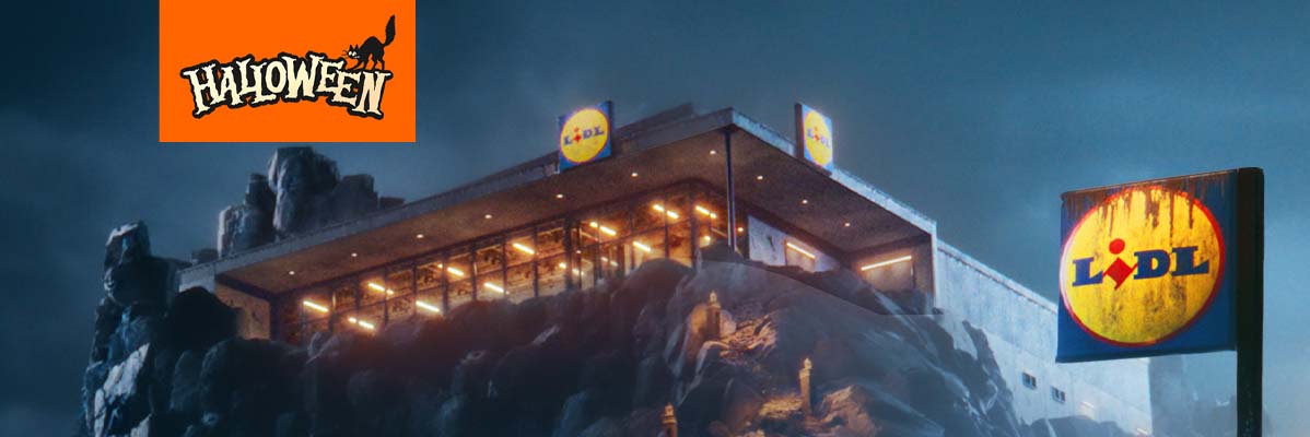 Lidl store with a Halloween logo in the top left corner