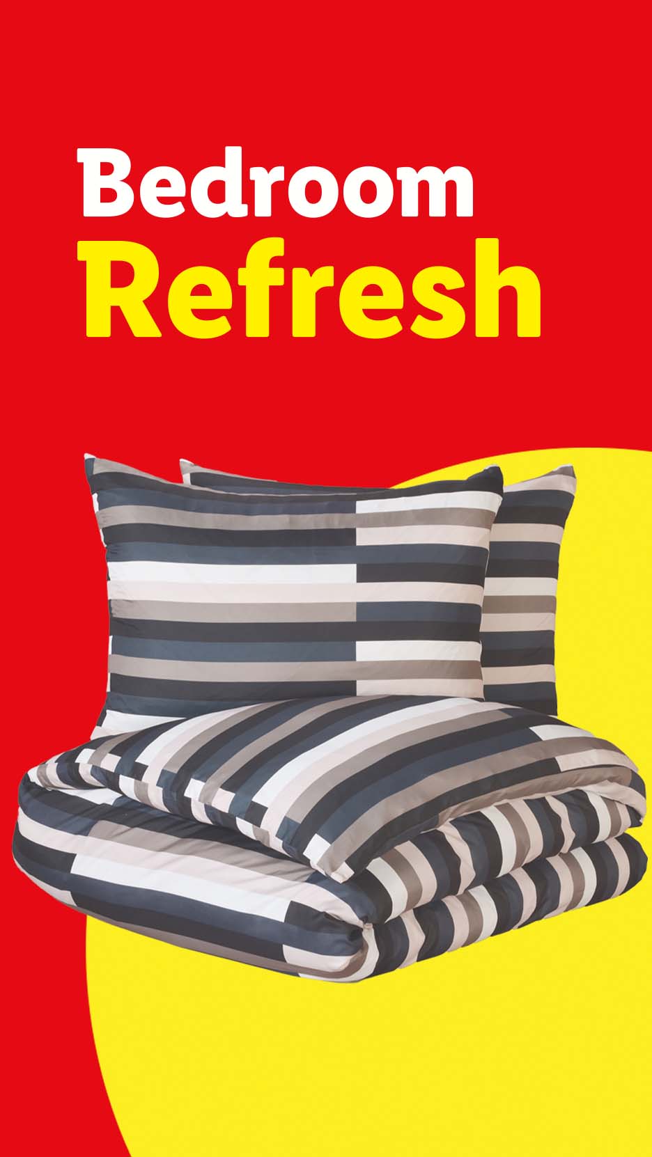 Bedroom Refresh: Striped duvet cover and two pillowcases on a red and yellow background.