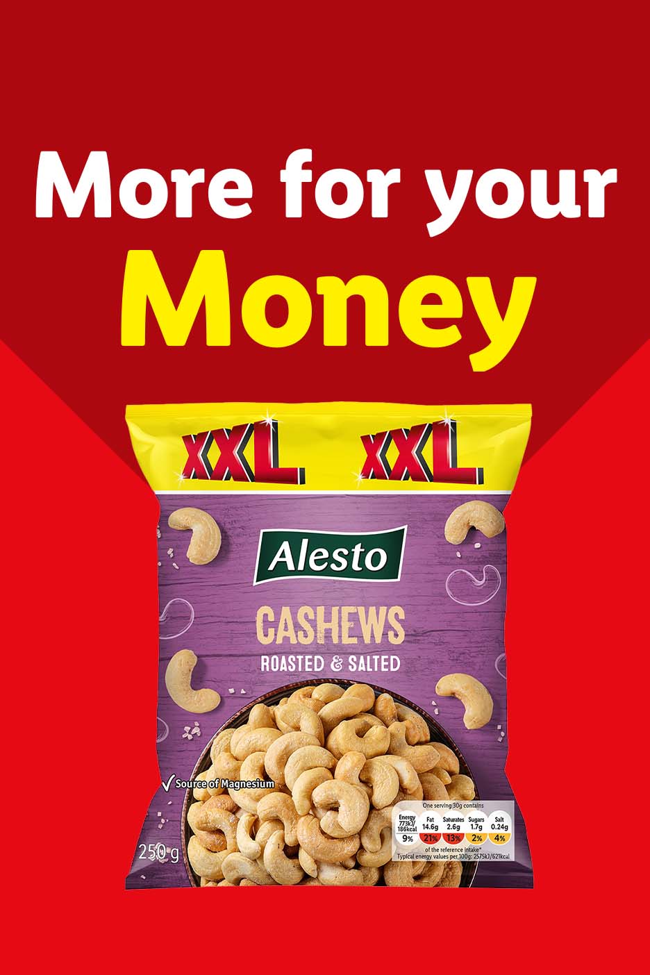 Alesto XXL Roasted & Salted Cashews with text 'More for your Money'.