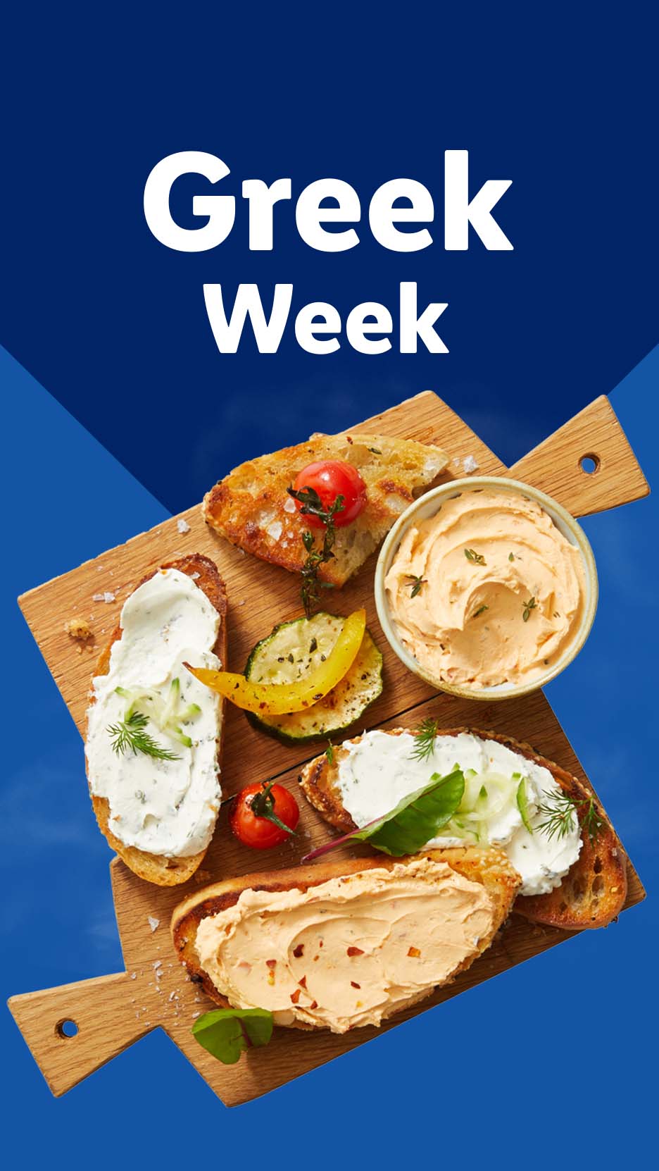 Greek Week promotion with various Greek-inspired appetizers on a wooden board.