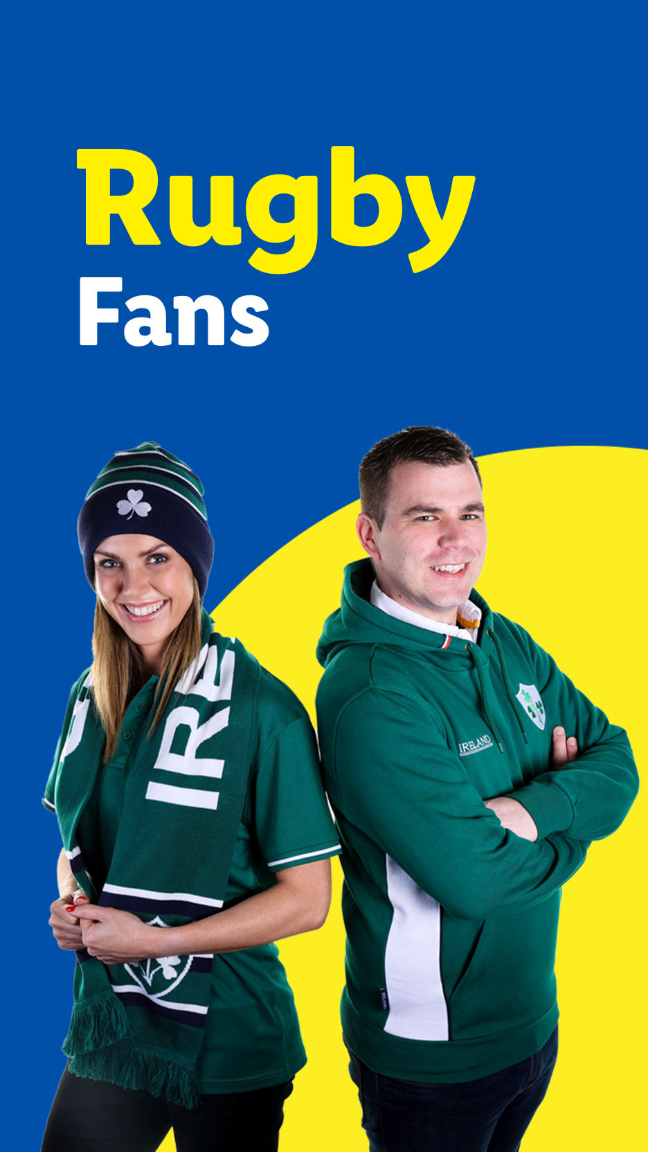 Two smiling rugby fans in green Ireland team apparel, including a hat, scarf, and hoodie.