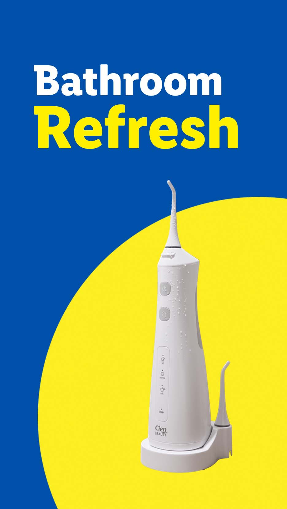 A white water flosser on a blue and yellow background with text 'Bathroom Refresh'.