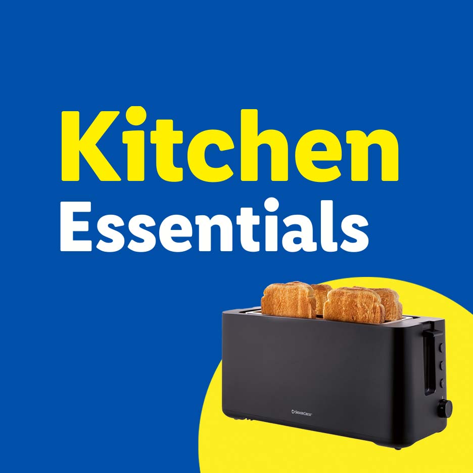 Kitchen Essentials: A black toaster with four slices of golden-brown toast, on a blue and yellow background.