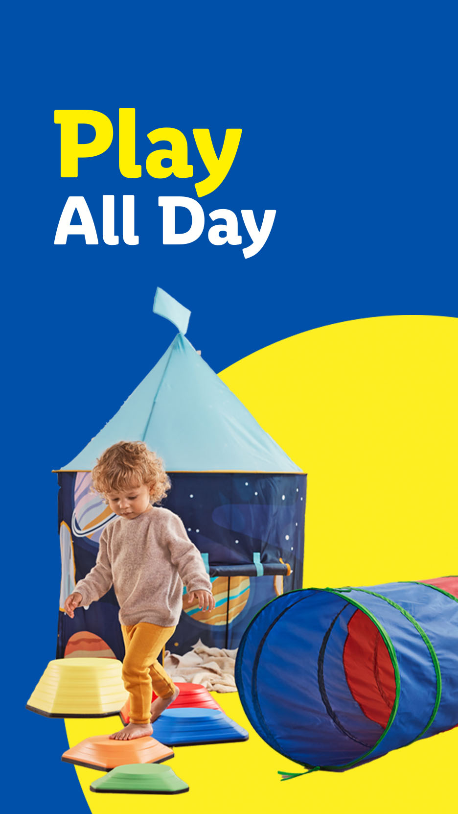 A child playing on colorful stepping stones, with a play tent and tunnel. Text: Play All Day.