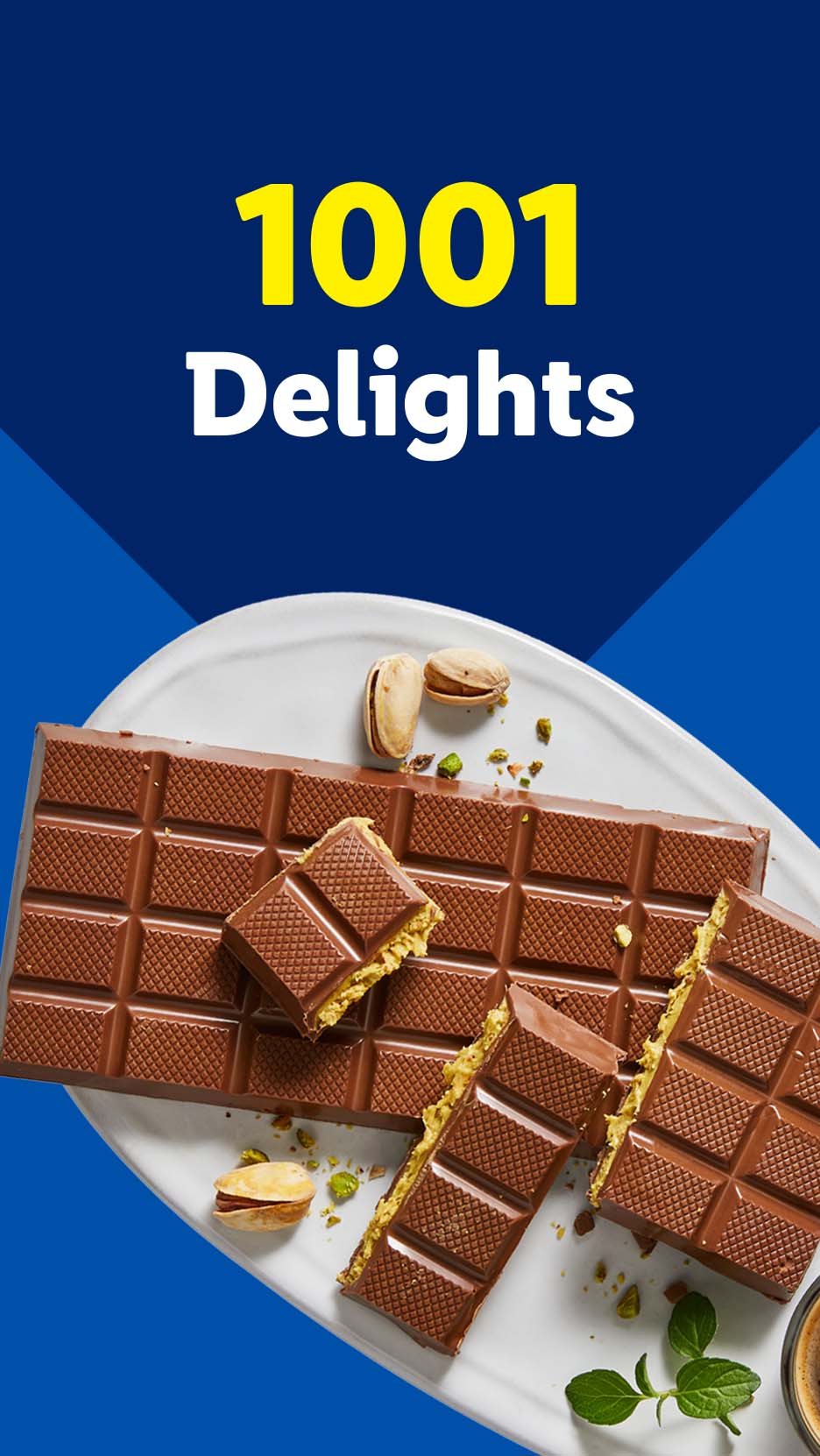 Chocolate bars with pistachio filling and whole pistachios on a white plate, with '1001 Delights' text.