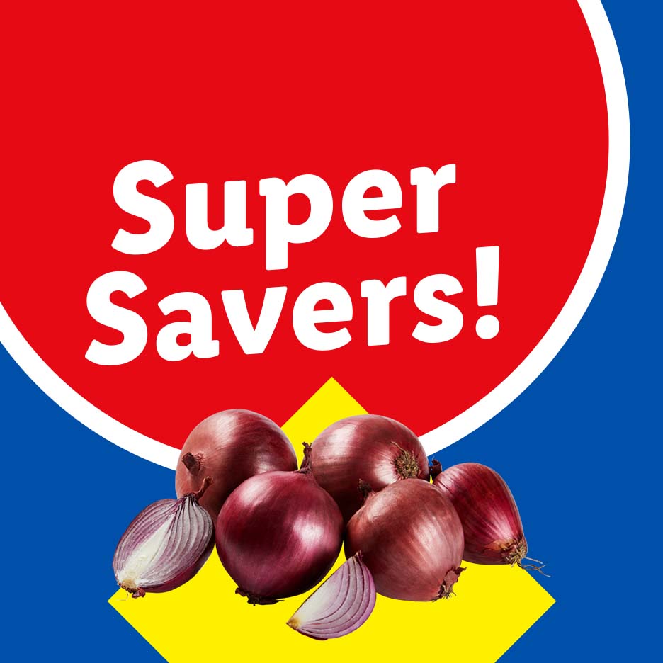 Red onions on a yellow and blue background with 'Super Savers!' text.