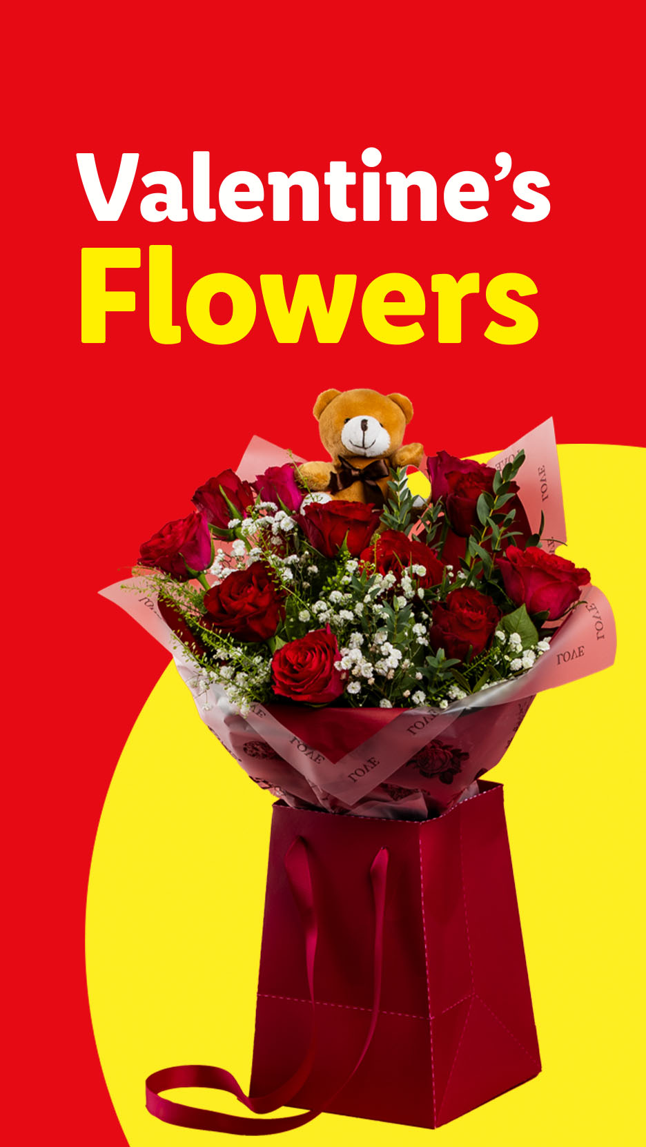 Valentine's Flowers: A bouquet of red roses with a teddy bear in a red gift bag.