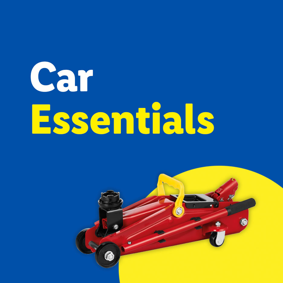 Red car jack on a blue and yellow background with text 'Car Essentials'.