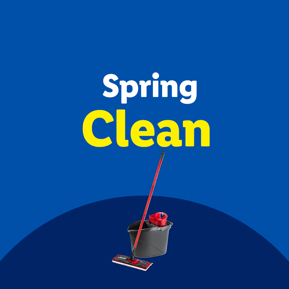 Spring Clean text with a mop and bucket on a blue background.